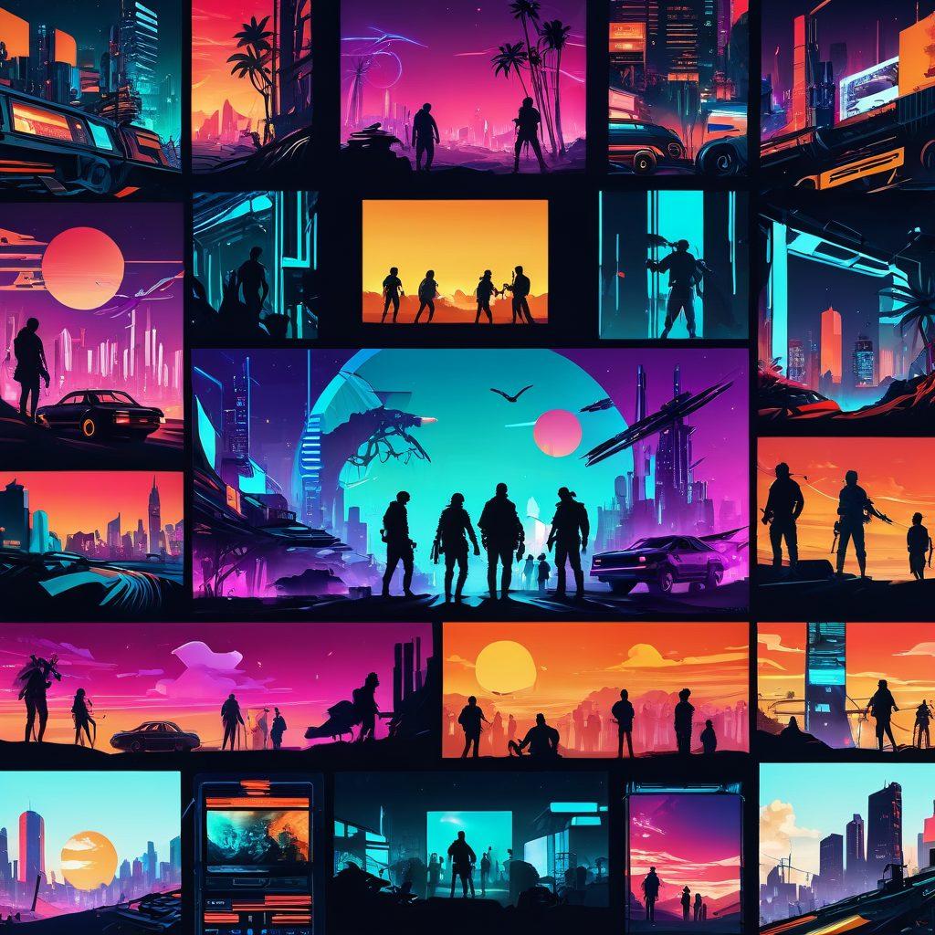 A visually captivating collage representing the evolution of adult content, featuring classic film reels on one side, transitioning into vibrant digital landscapes filled with engaging animations and abstract shapes. Include silhouettes of diverse characters exploring both realms, with a subtle glow that symbolizes connection and exploration. The background should be a blend of warm and cool colors to create a dynamic atmosphere. cyberpunk style. vibrant colors. super-realistic.