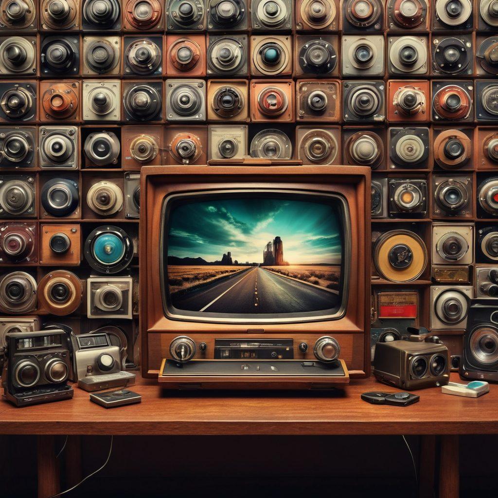 A captivating collage showcasing the evolution of adult media through the decades, featuring vintage film reels transitioning into modern interactive screens. Include elements like a retro cinema aesthetic merging with sleek digital interfaces, highlighting iconic symbols like cameras, VR headsets, and video game controllers. The background should blend warm and cool tones to represent the passage of time. super-realistic. vibrant colors. 3D.