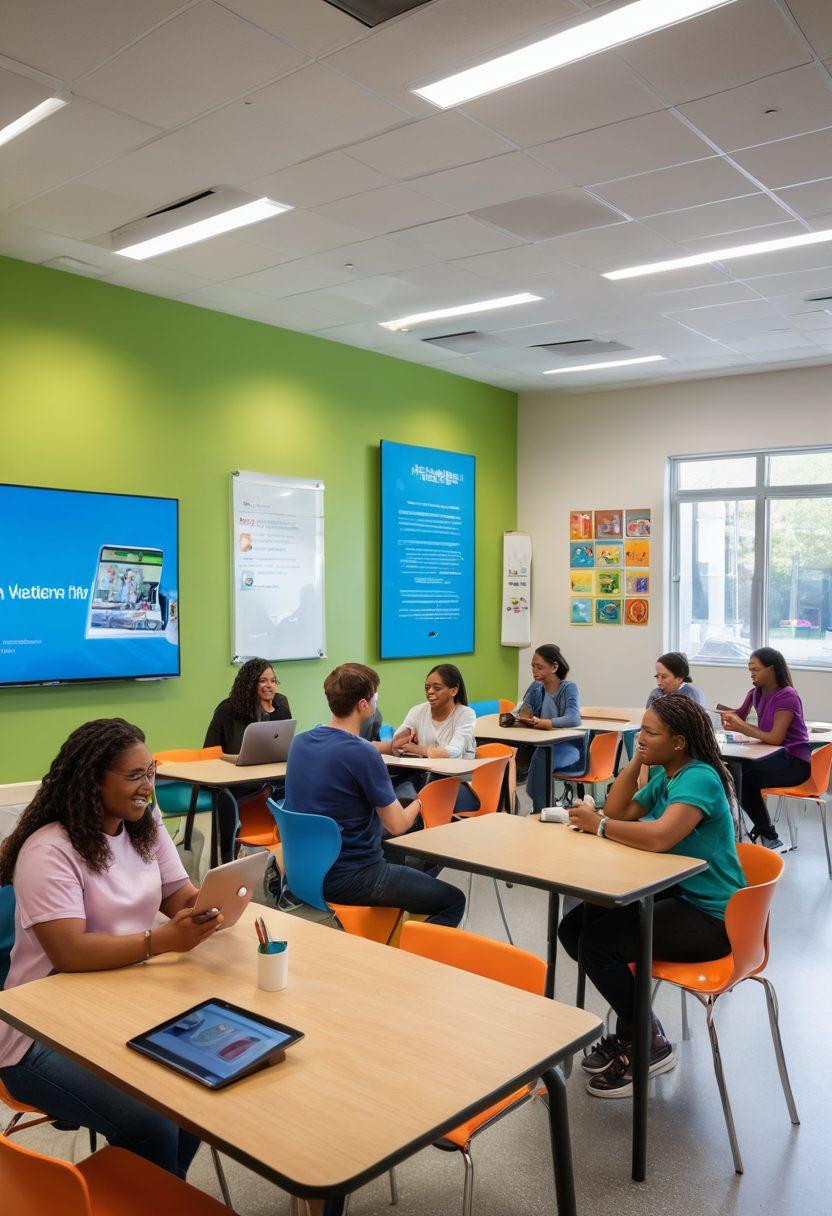 A vibrant, modern classroom setting featuring diverse adults engaged in interactive learning, with screens displaying educational content related to adult media. Include elements of technology, such as tablets and virtual reality headsets, showcasing connection and empowerment. The atmosphere should be dynamic and inclusive, emphasizing collaboration and engagement. super-realistic. bright colors. inclusive design.